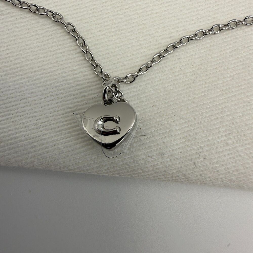 New Coach Heart Pendant Necklace Silver Chain 17" C Monogram with Dust Bag - Picture 4 of 13